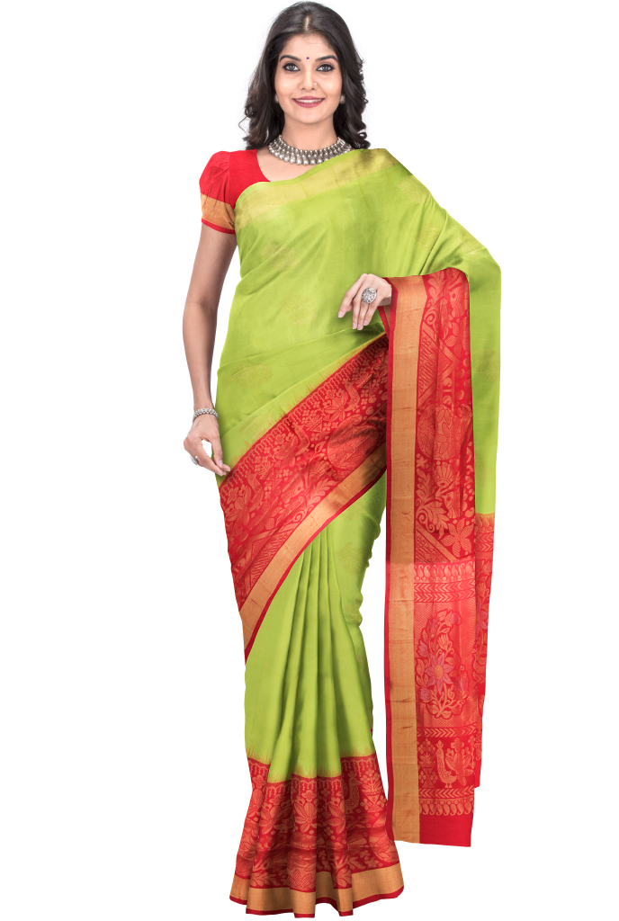 Silk Cotton Saree – Parrot Green